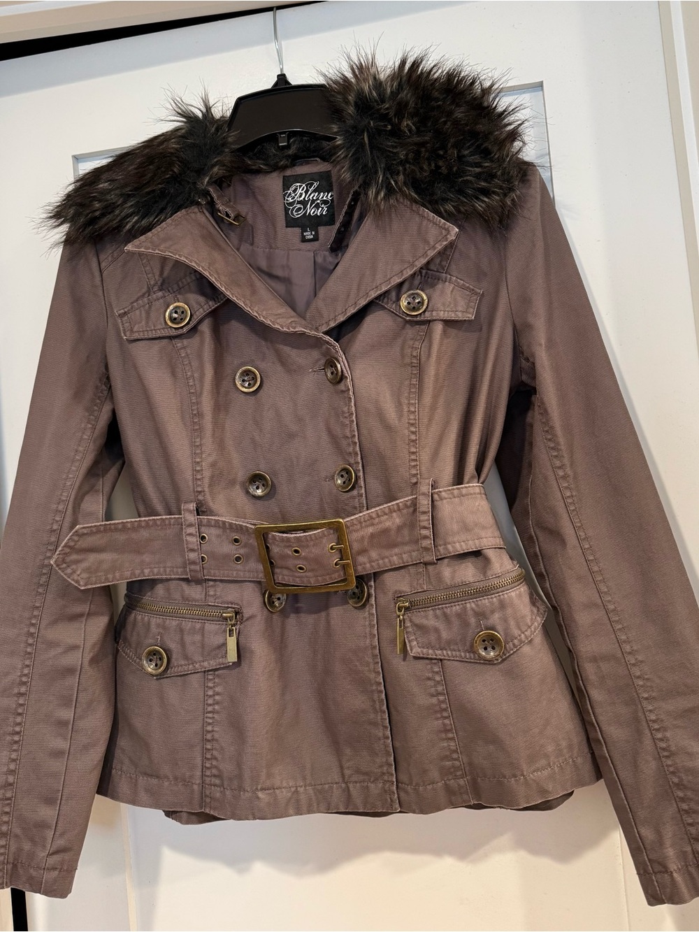 blanc noir Taupe Belted Coat with Faux Fur Collar